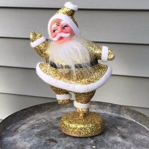 Vintage Christmas Dancing Flocked Gold Glitter Santa Claus Figurine 1950’s